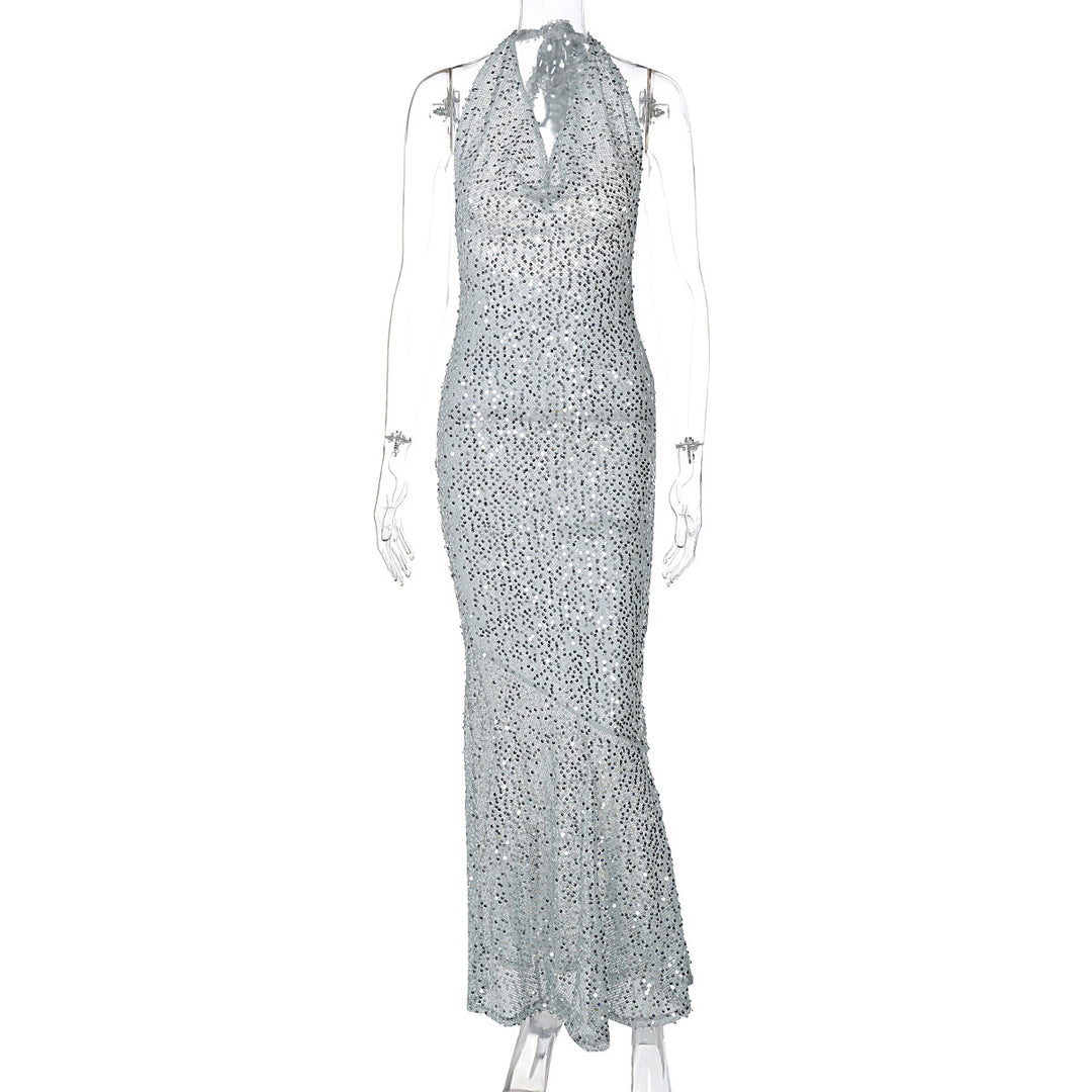 Dame Elegant aftenkjole med glitrende rhinestone-detaljer og dyb rygudskæring Stilla