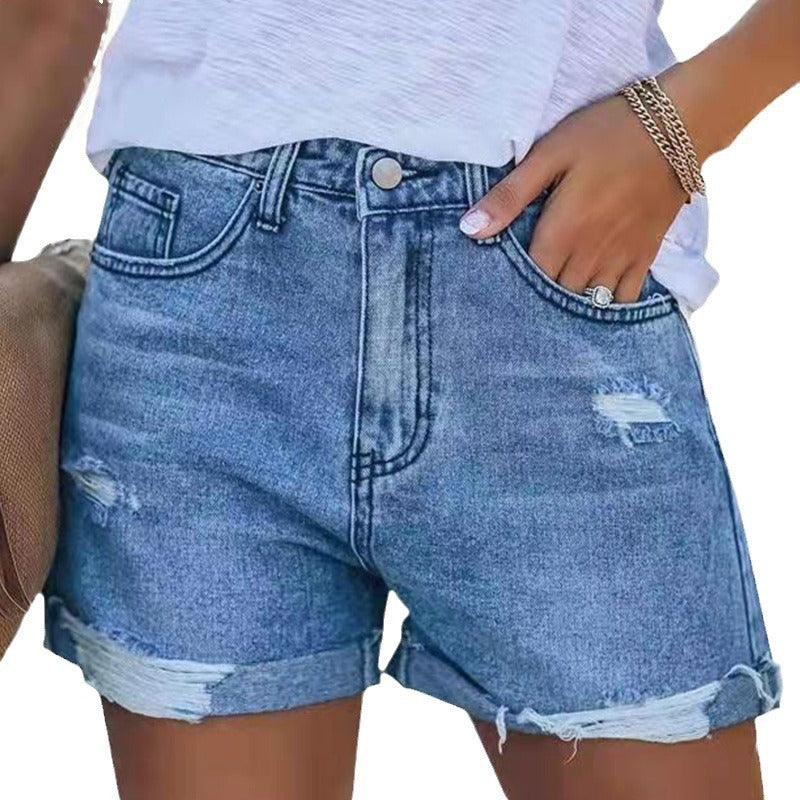 Dame sommerlige destroyed jeansshorts med opfoldet kant Skovae