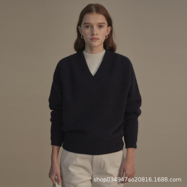 Dame elegant V-hals sweater i høj kvalitet uld med løs pasform Stilla