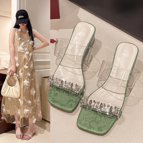 Dame elegante Open-Toe Blockhæls Mules med strasdekoration Stilla