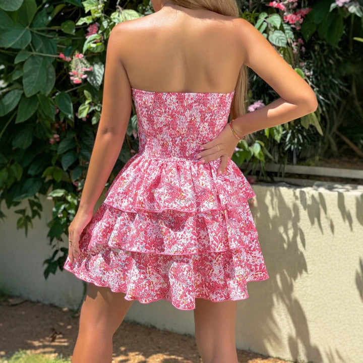 Dame rynket kjole med off-shoulder design og blomsterprint Skovae