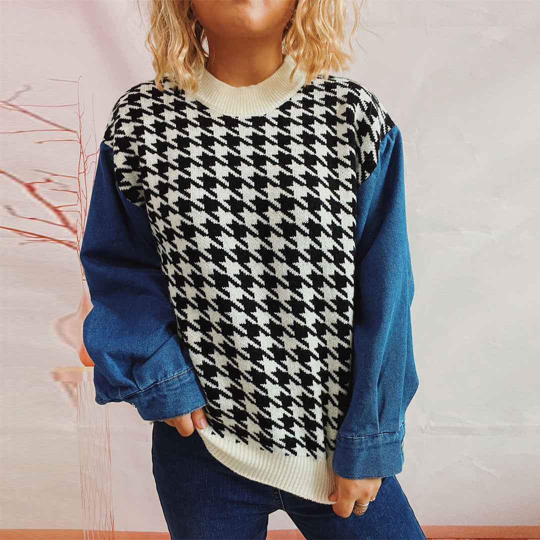 Dame casual sweater med moderne houndstooth mønster og denim ærmer Stilla