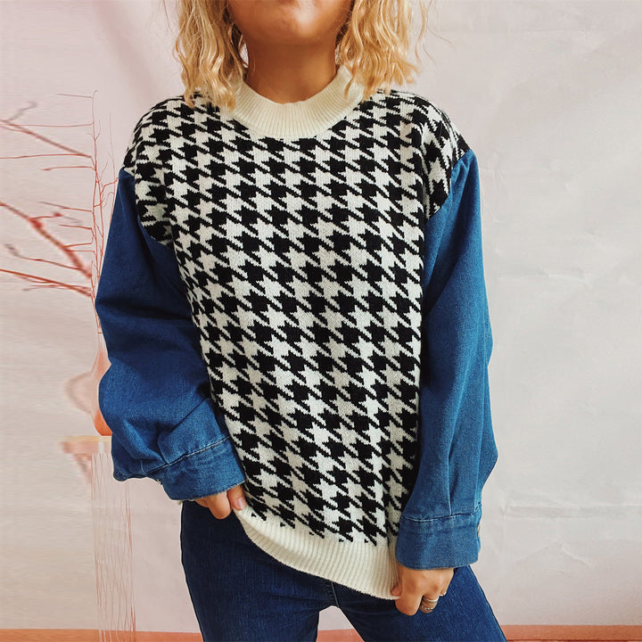 Dame casual sweater med moderne houndstooth mønster og denim ærmer Stilla