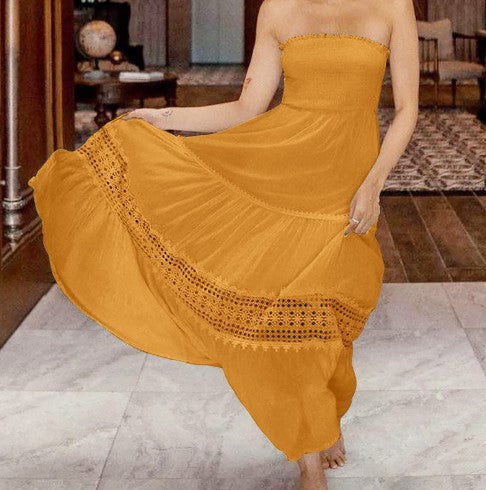 Dame strapless maxikjole med elegant blondedekor Stilla