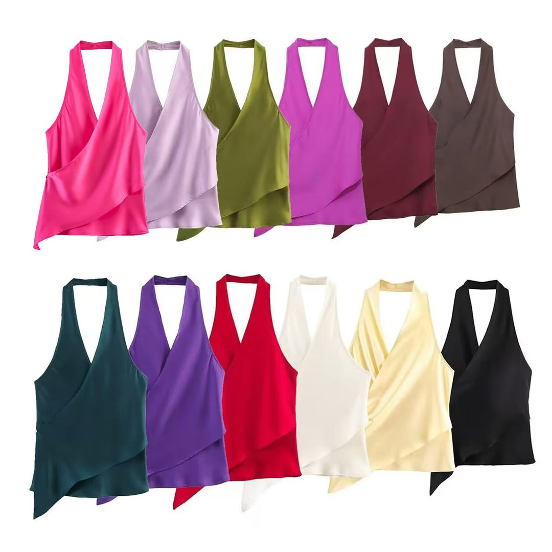 Damer elegant haltertop med asymmetrisk snit og skinnende satin finish Skovae