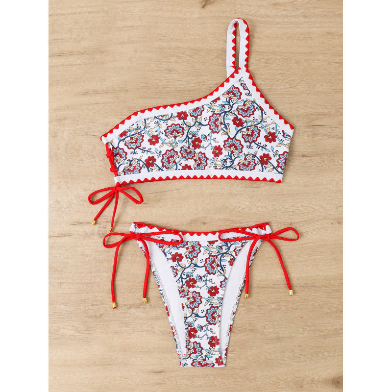 Dame Ensidig Bikini med blomsterdesign og elegant rynkning Stilla