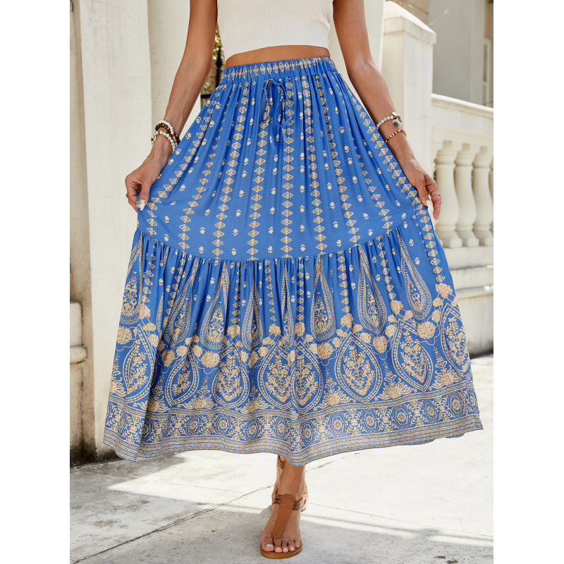 Dame Bohemian Stil Maxi Nederdel med elastisk Talje og kompliceret Tryk Stilla