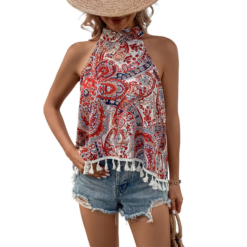 Dame Halter-nakke Bohemian tryk top med frynser kant Stilla