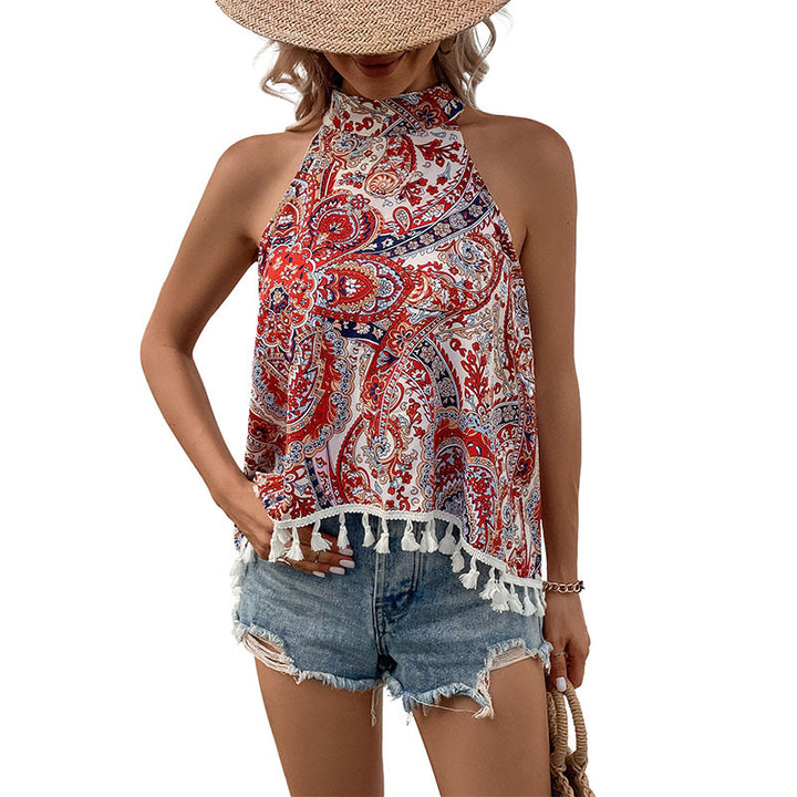Dame Halter-nakke Bohemian tryk top med frynser kant Stilla