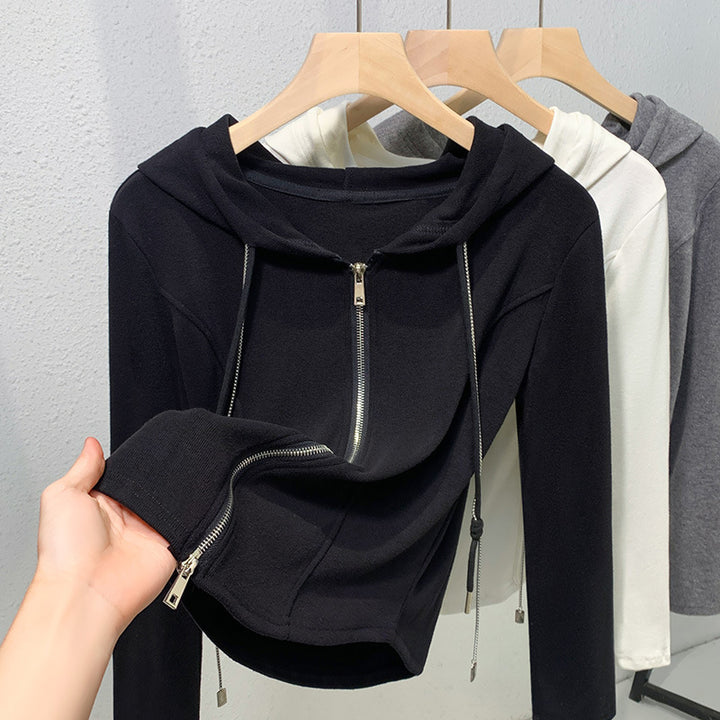 Dame moderigtigt hoodie-top med dekorativ lynlås og figursyet snit Stilla