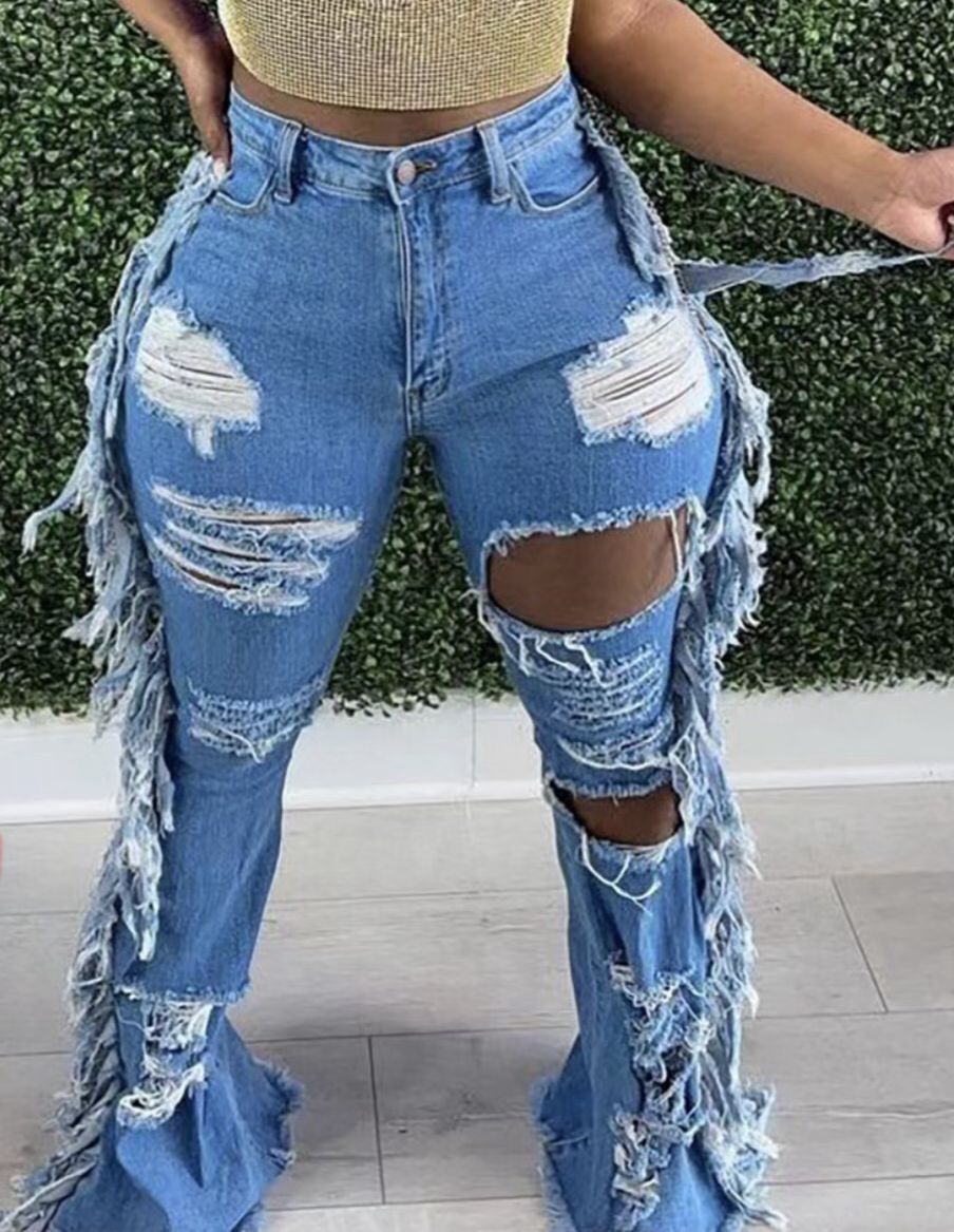 Dame slidte løstsiddende denim jeans med frynse-detaljer Stilla