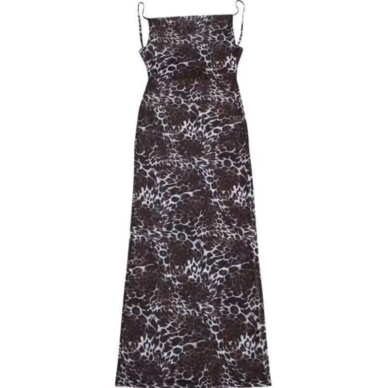 Dame Sleek Spaghetti-Strop Maxi Kjole med Giraf-Print Stilla