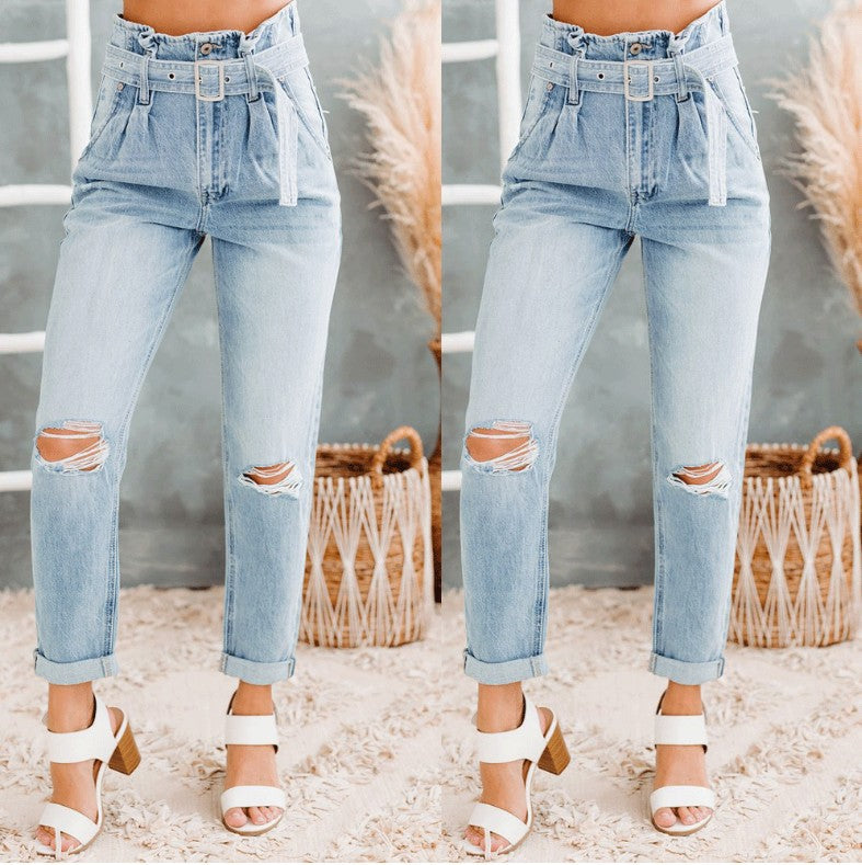 Dame højtaljede jeans med fashionable riv og aftageligt bælte Stilla
