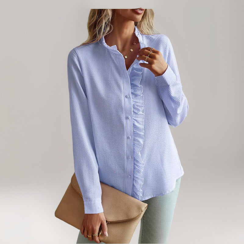 Dame elegant bluse med rynker og ståkrave Stilla