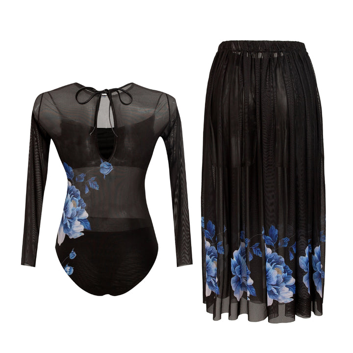Dame Elegant Badedragt med lang arm og floral nederdel Stilla
