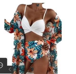 Dame bikini-sæt med blomster kimono og høj talje Stilla