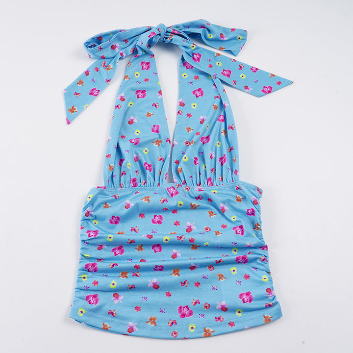 Dame Halterneck-bluse med blomstertryk og rynker Skovae