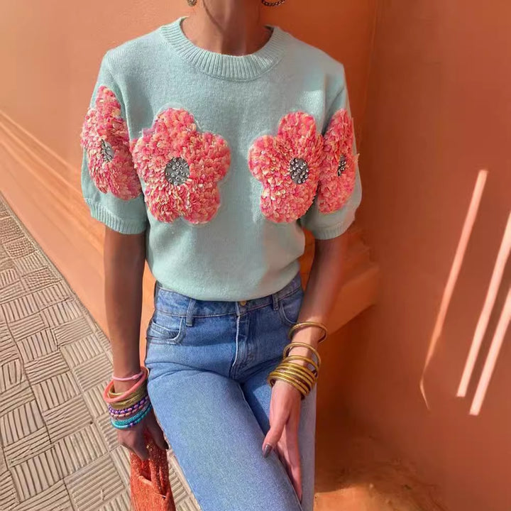 Dame strikpullover med blomster 3D-design Stilla