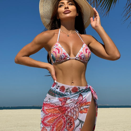 Dame bikini-sæt med floral design og bindebånds nederdel Stilla