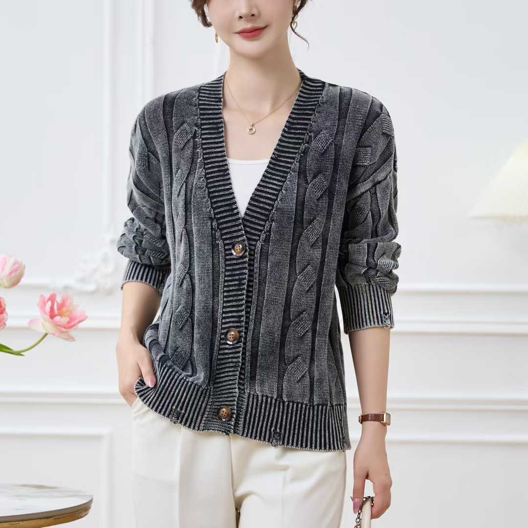 Dame chunky strik cardigan med V-hals og dekorative knapper Stilla