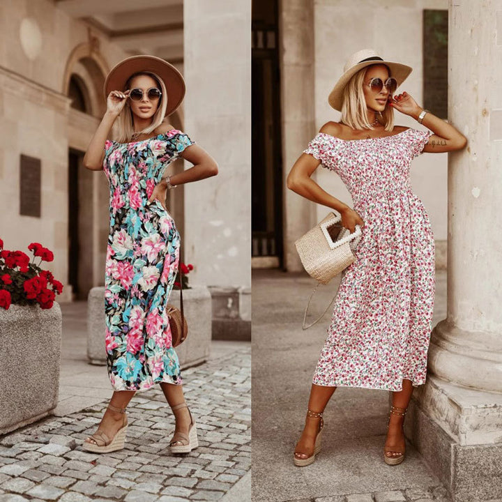 Dame maxikjole med blomster V-udskæring og svingende skirt Stilla
