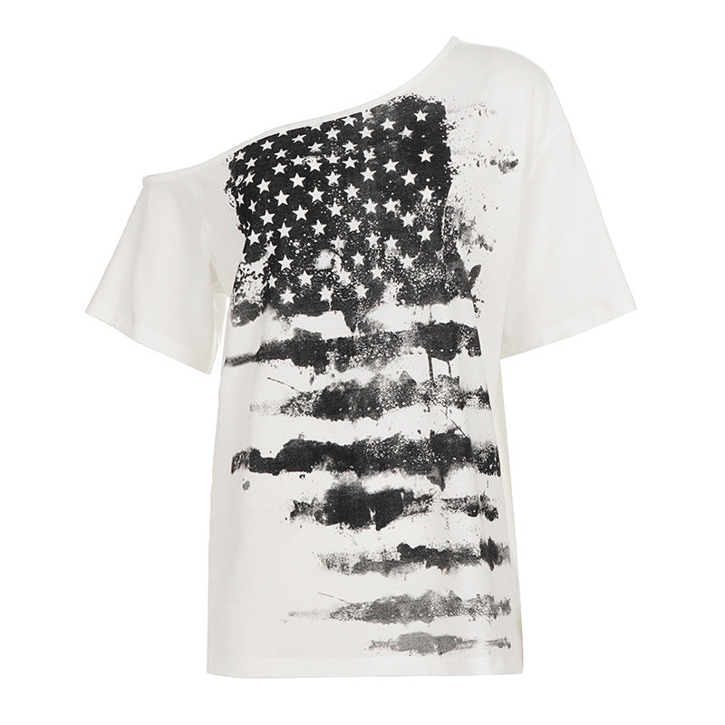 Dame afslappet T-shirt med kreativt stjerne-flag design Skovae