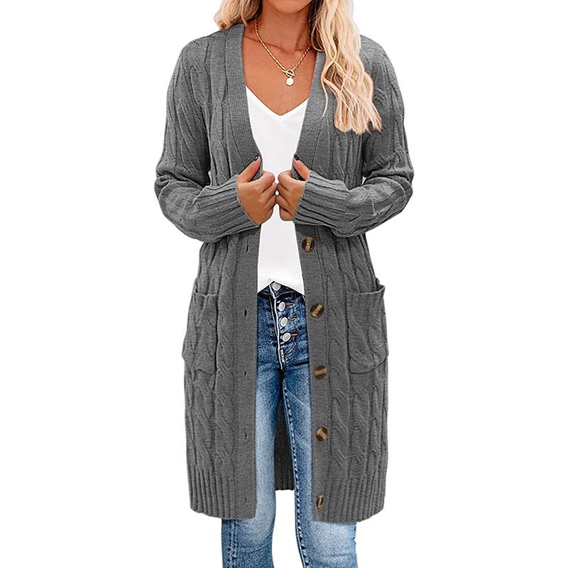 Kvindernes chunky strikket cardigan med lomme og knaplukning Stilla