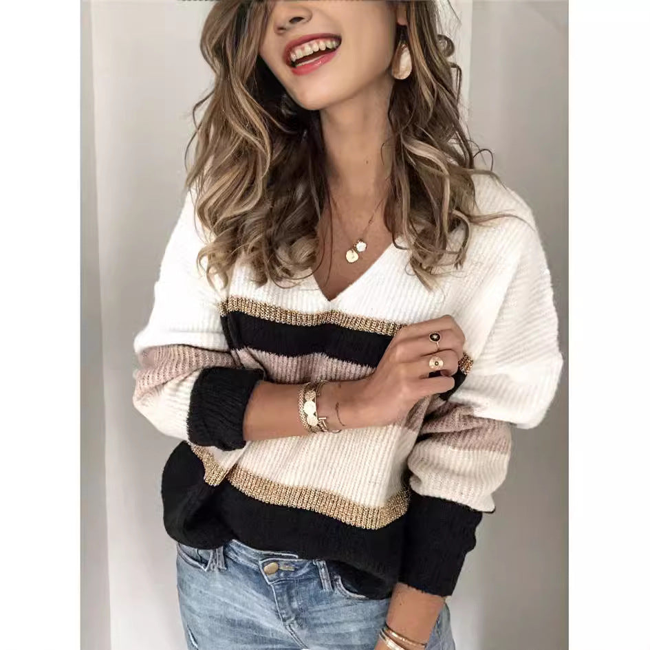 Dame Grovstrik sweater med V-hals og fashionable blokstriber Stilla