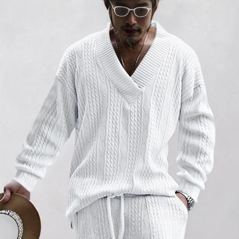 Herren nan Oversize Fletmønster-Longpullover med dyb V-halsudskæring og matchende strikbukser Skovae
