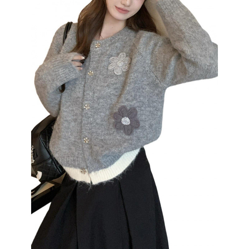 Dame Cozy Cardigan med Blomsterapplikationer Stilla