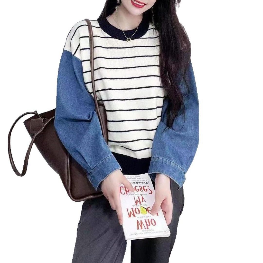 Dame mode sweater med denim ærmer Stilla