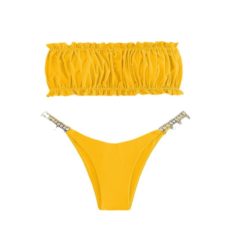 Dame Bandeau-bikini med raffinerede flæsedetaljer og glitrende smykkeelementer Skovae