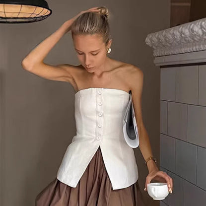 Dame Taljeret Overdel med Knapdetaljer og skulderfri Design Stilla