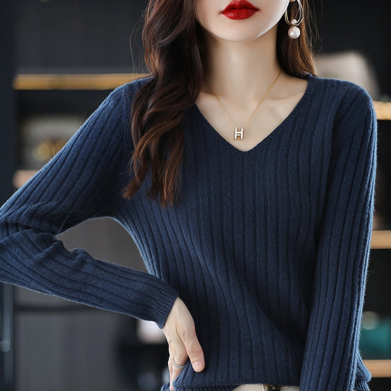 Femme Ribbet V-Udskæring Pullover Sweater Stilla