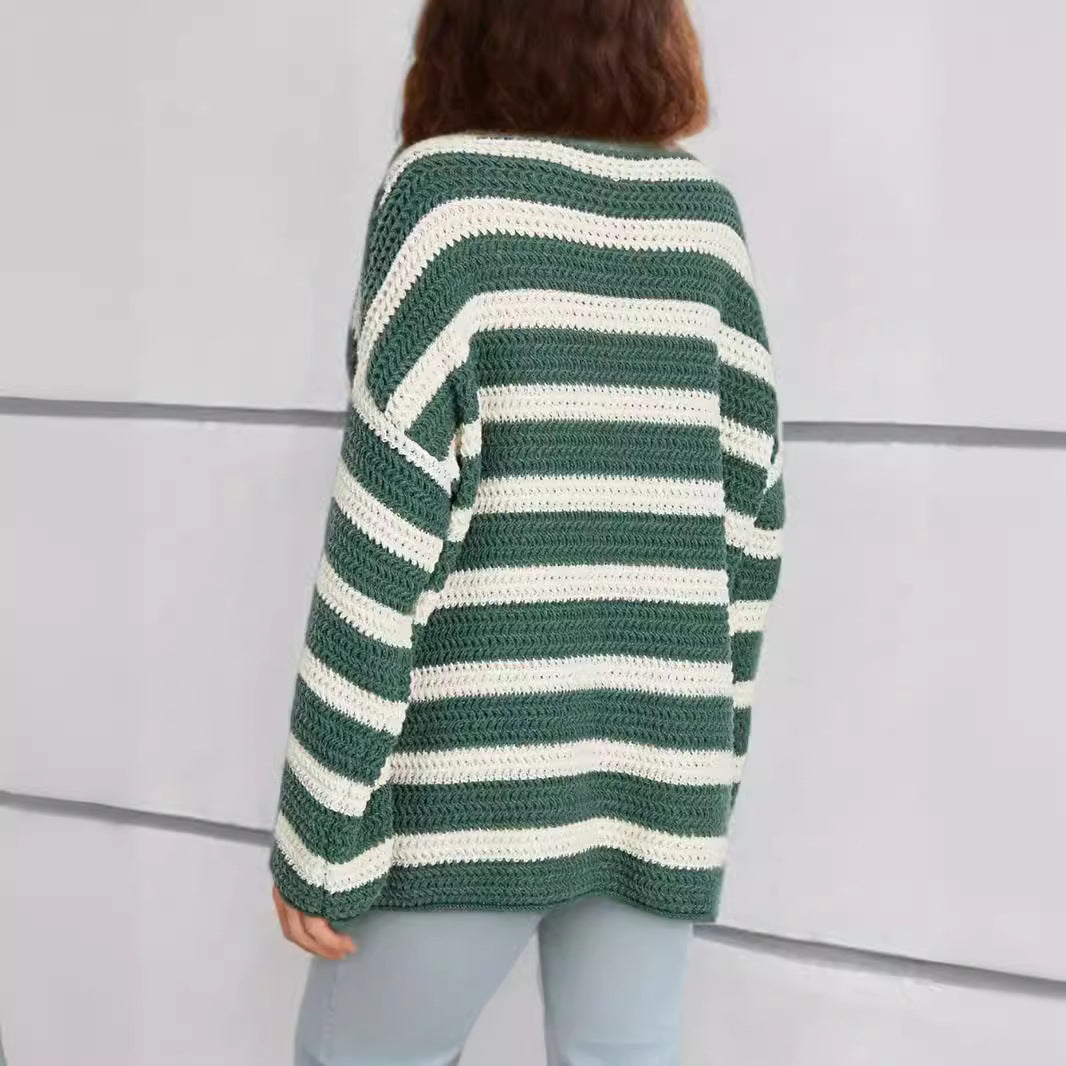 Kvinders afslappede chunky strikket sweater med moderne stribet mønster Stilla