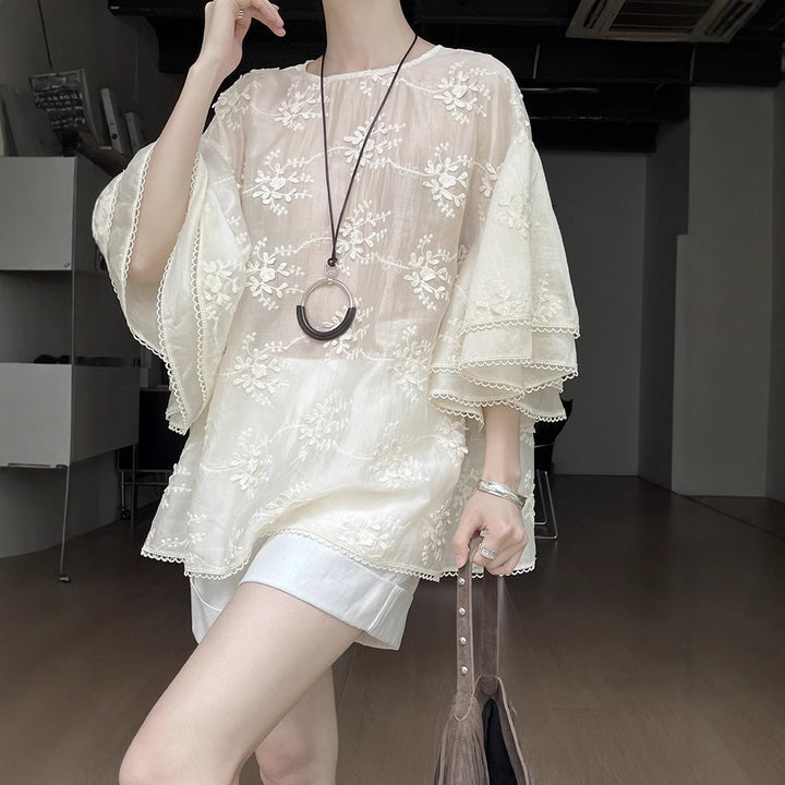 Dame luftig bluse med elegant lace og brede ærmer Stilla