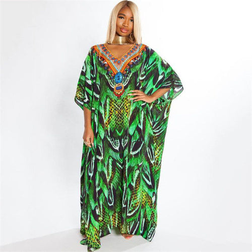 Dame Kaftan i elegant skridt-design med kunstnerisk Afrika-motiv Stilla