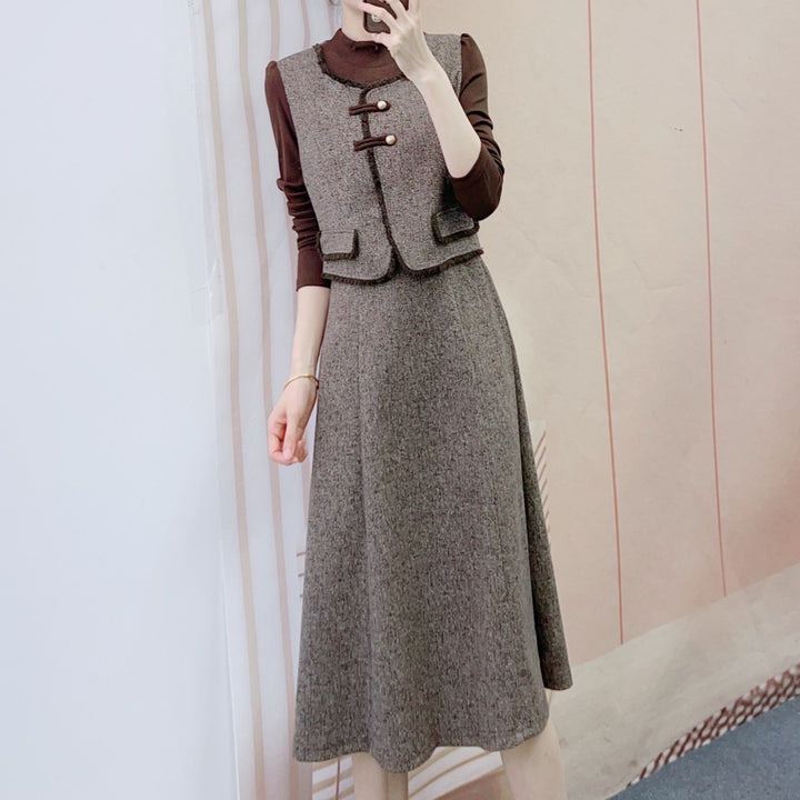 Dame Struktureret Tweed Vest med elegant Nederdel Stilla