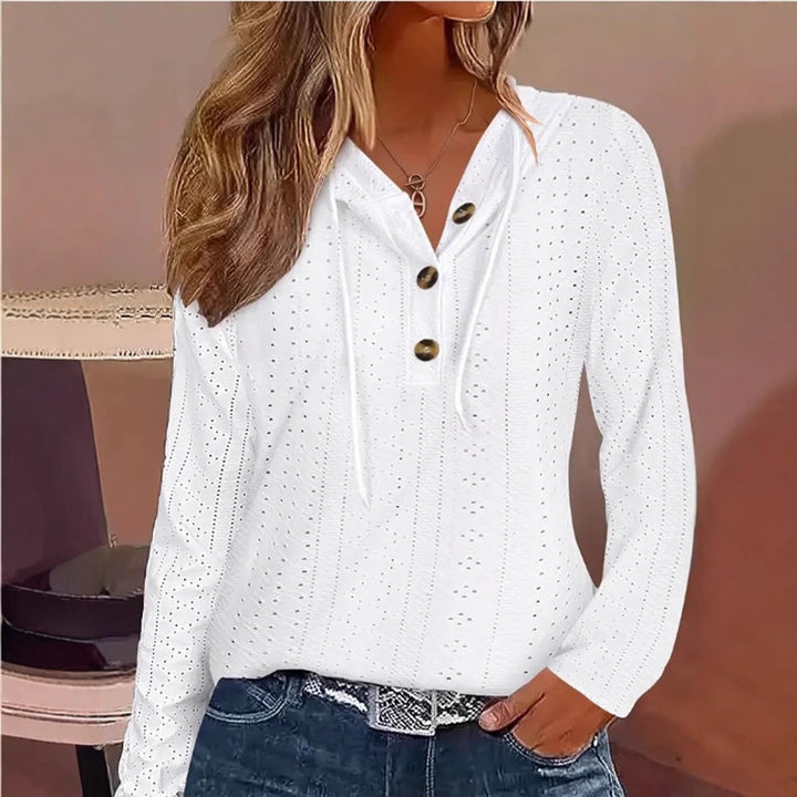 Dame afslappet longsleeve top med dekorative knapper og høj krave Stilla