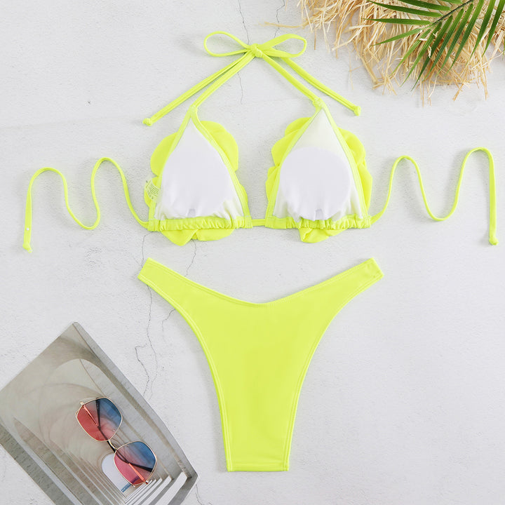 Dame bikini-sæt med iøjnefaldende blomster-puff-detaljer og sexet højt skåret trusse Stilla