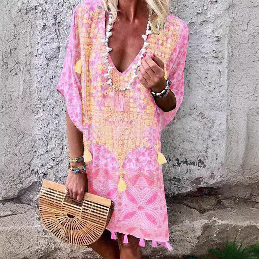 Dame Boho-Chic Kaftan med V-Udskæring og Kvist-Detaljer Stilla