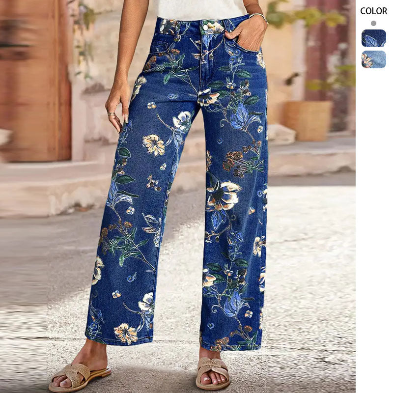 Kvindelige brede snit jeans med blomsterdesign og høj talje