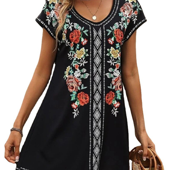 Dame sommerligt tunika-kjole med florale broderier Stilla