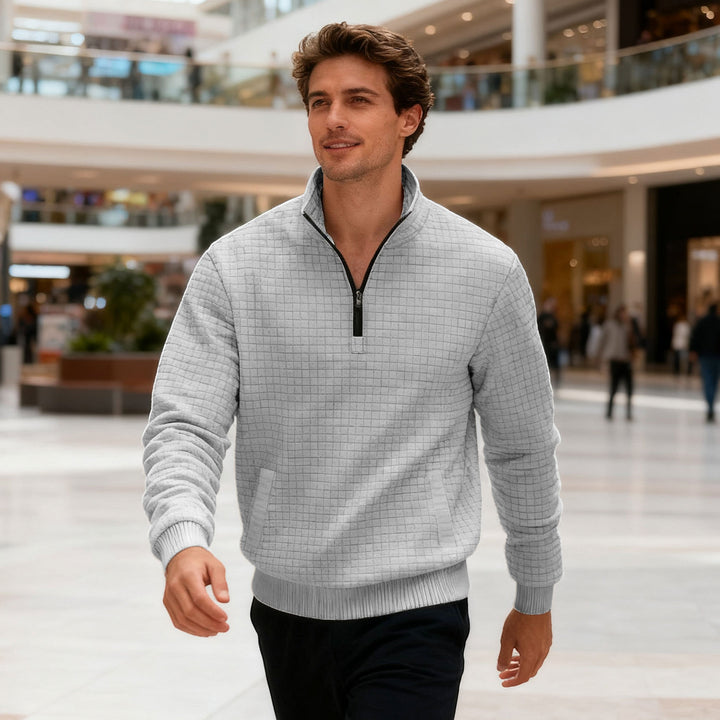 Herrer nan quilted halvzip sweater med kvadratisk vaffelstruktur og kængurulomme Skovae