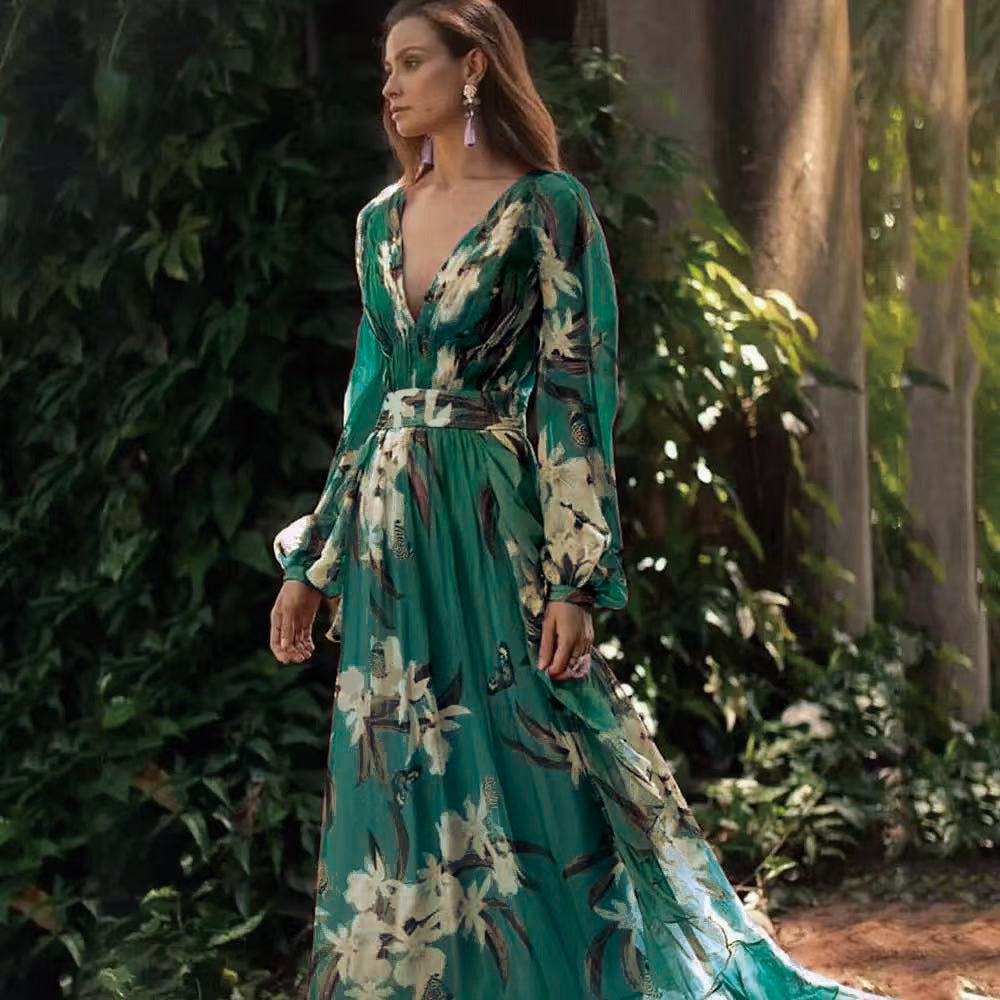 Dame Boho Maxi-Kjole med dyb V-udskæring og elegante puffærmer Stilla