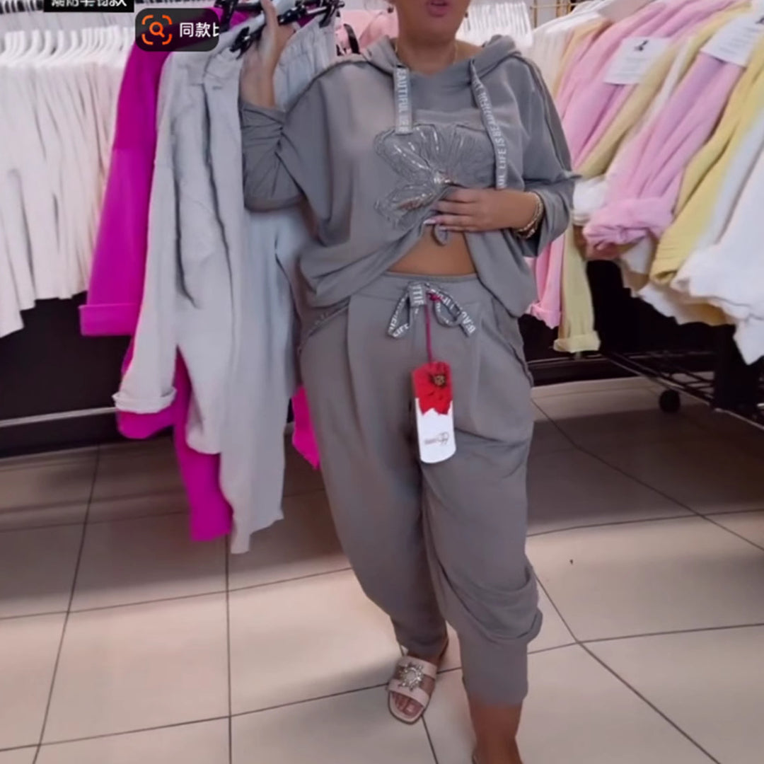 Dame nan afslappet Lounge-sæt med blomster-pailletter-hoodie, snøre og bredt buksefold Skovae