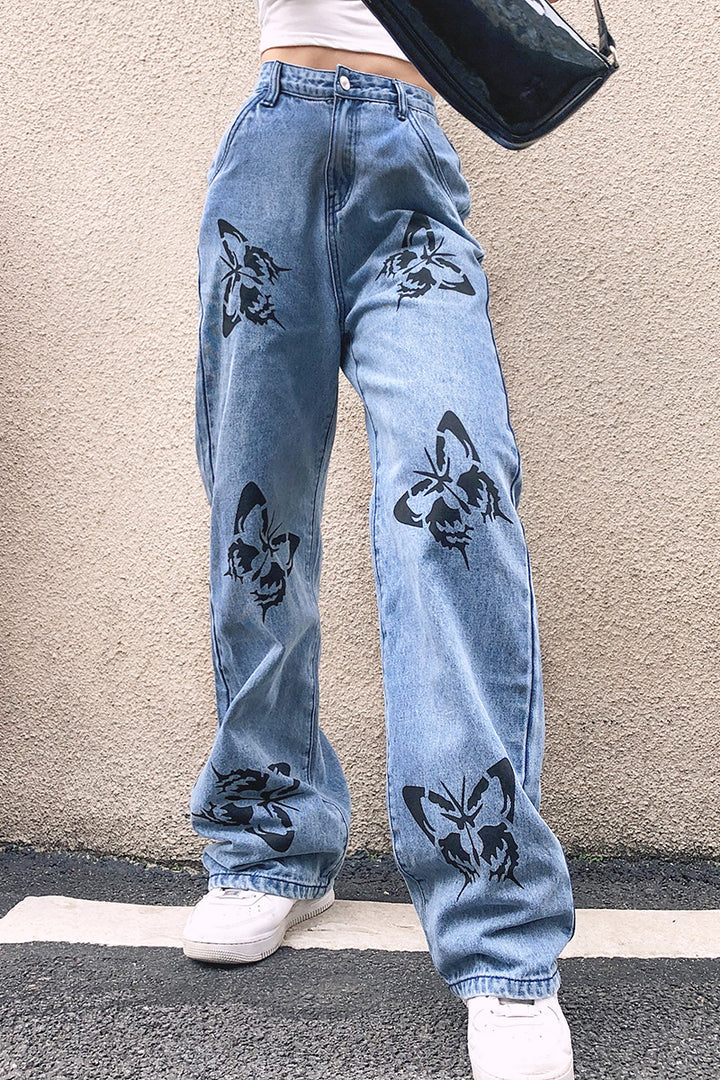 Dame brede jeans med iøjnefaldende sommerfugletryk Skovae