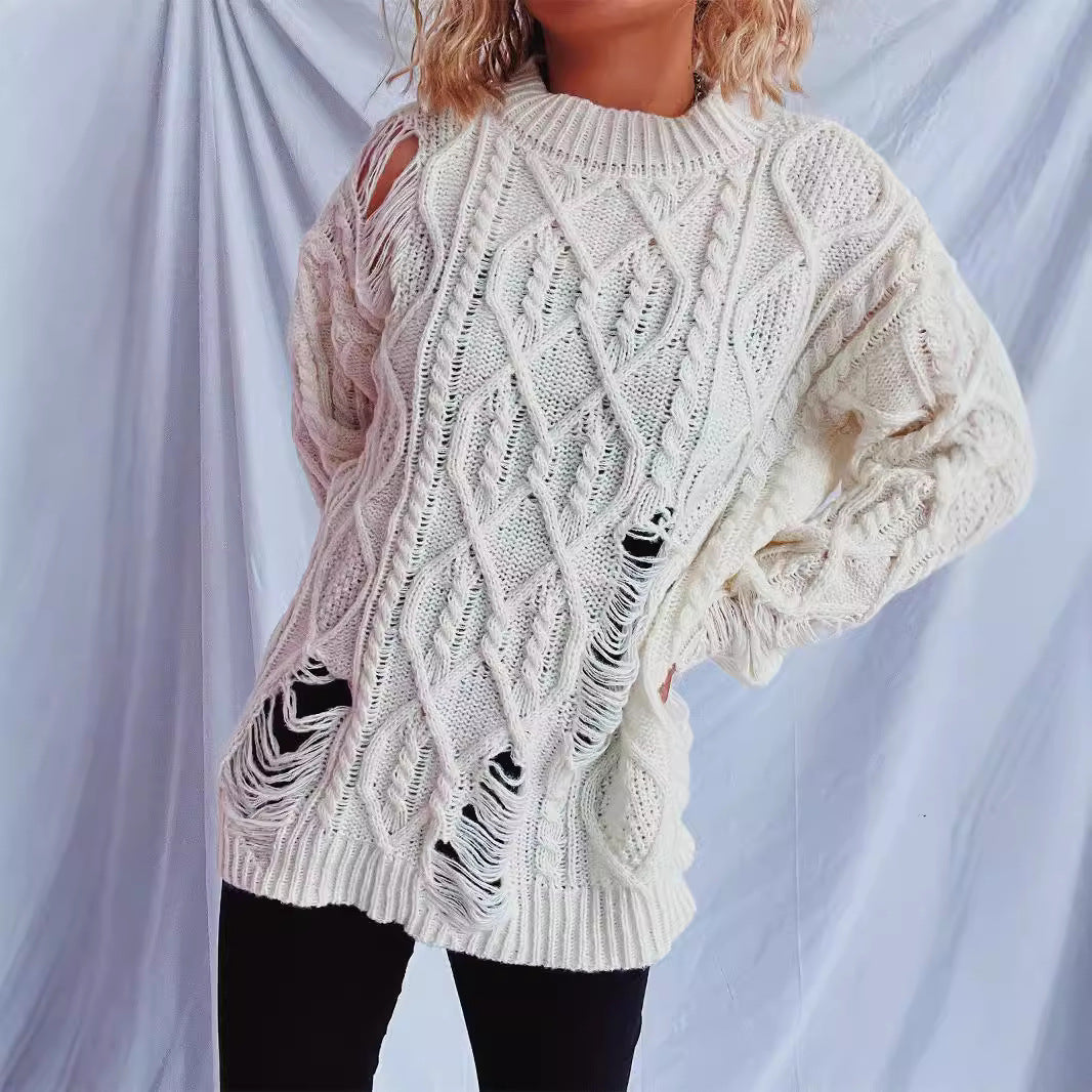 Dame casual oversized sweater med tekstureret kabelmønster og frynser Stilla