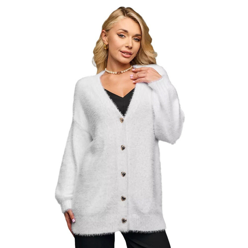 Dame Oversized Cardigan med Hjerteknapper og Blødt Materiale Stilla