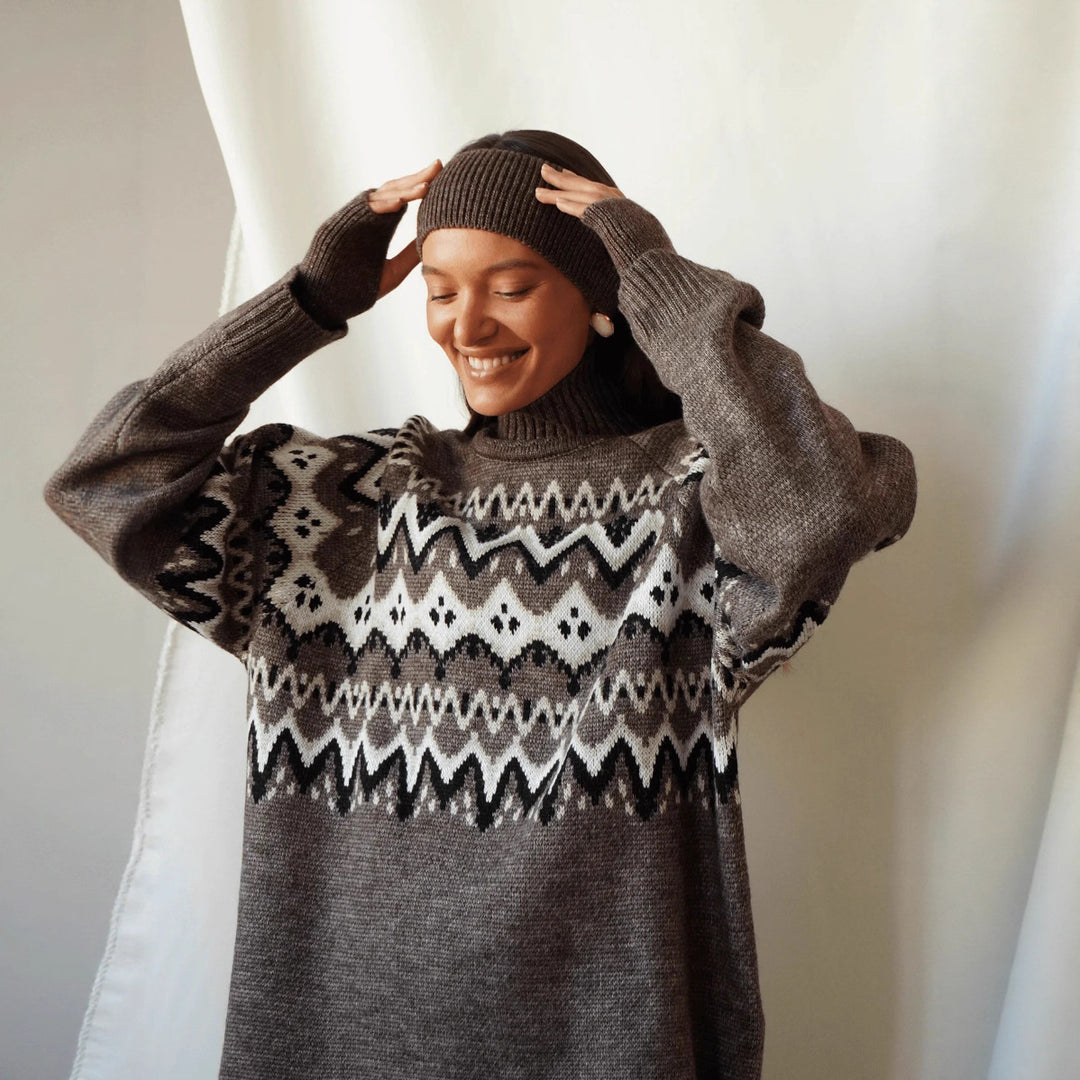 Kvinders chunky strik sweater med høj krave og geometrisk mønster Stilla